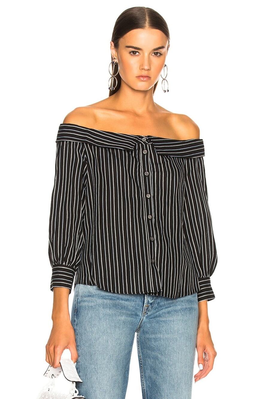 Veronica Beard Britta Top black off shoulder button front linen blend size US 8